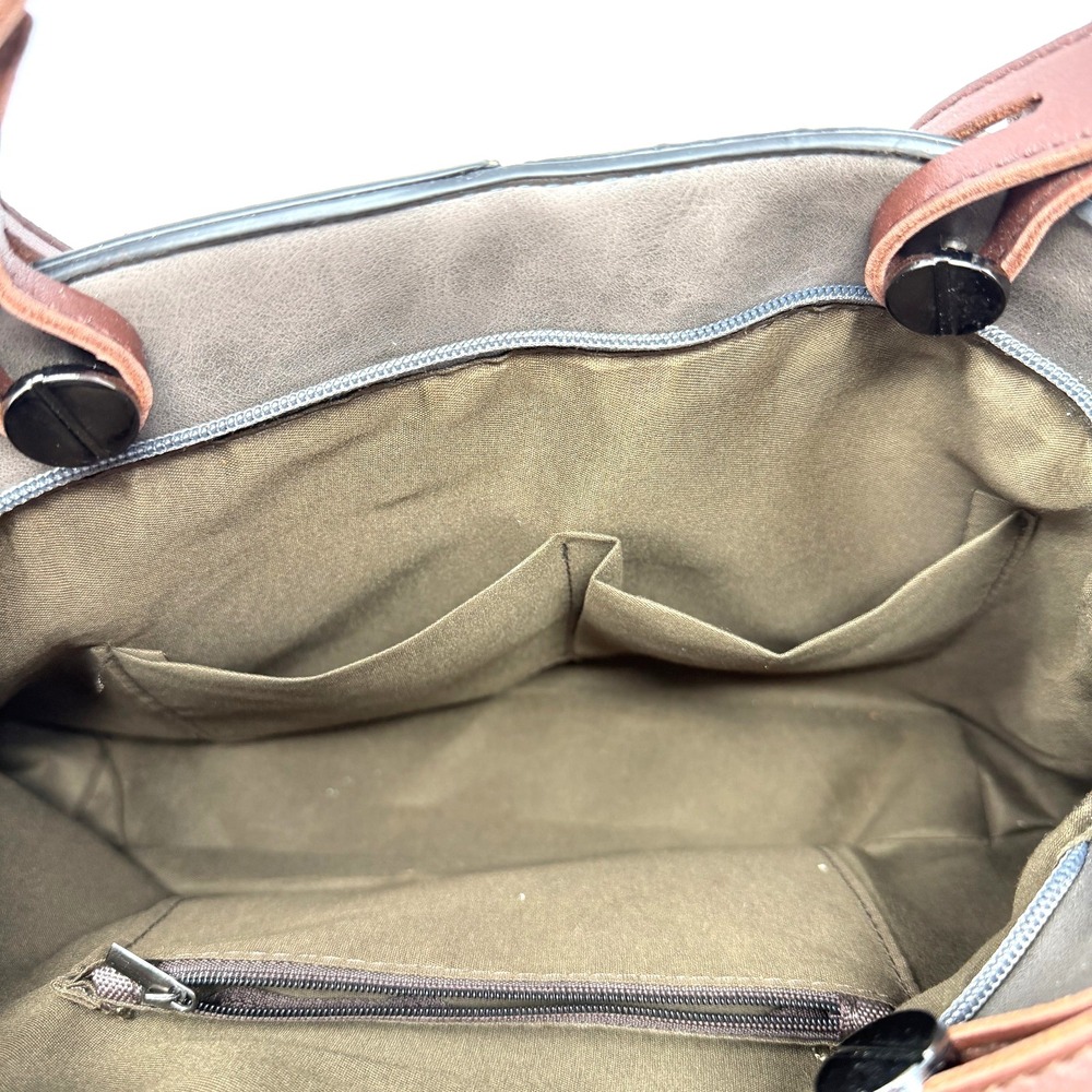 Gray Leather Tote Bag Brown Strap Large Zip Pocket Shoulder Bag - Picture 9 of 15